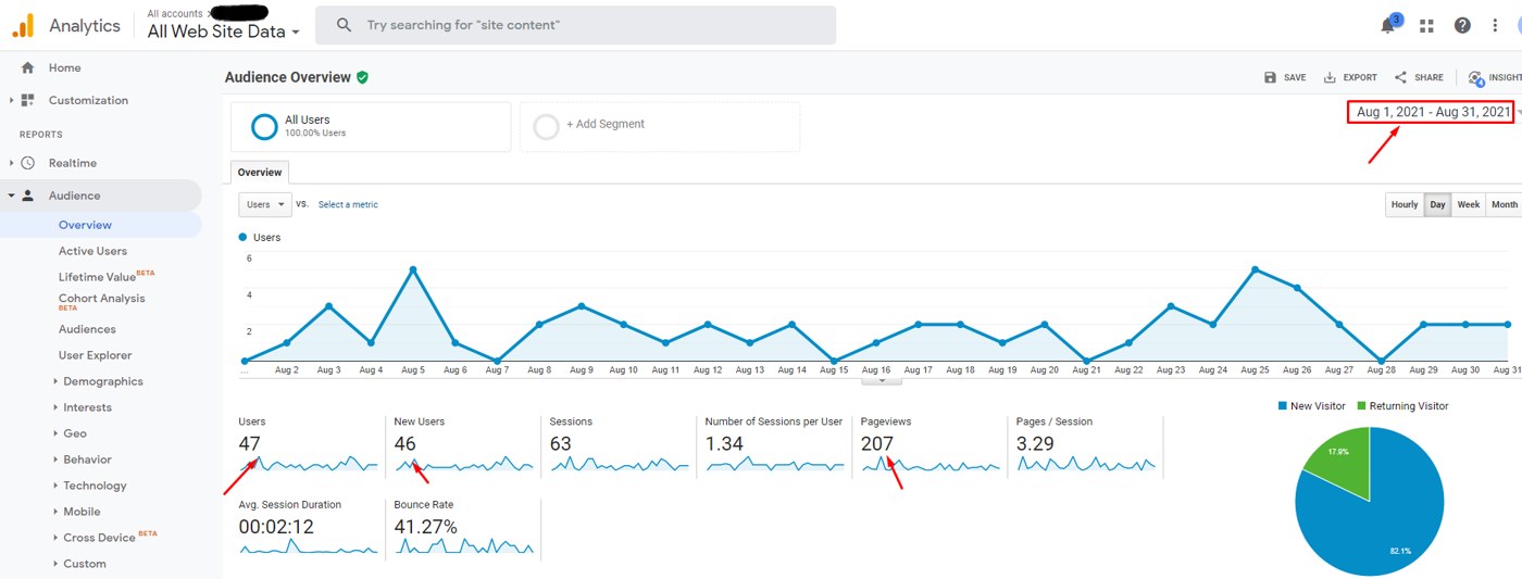 Local SEO client Google Analytics, August 2021: 47 users
