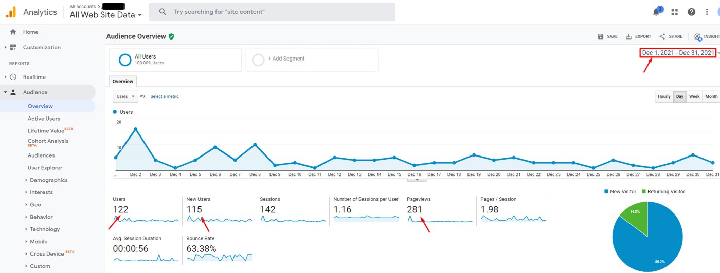 Local SEO client Google Analytics, December 2021: 122 users