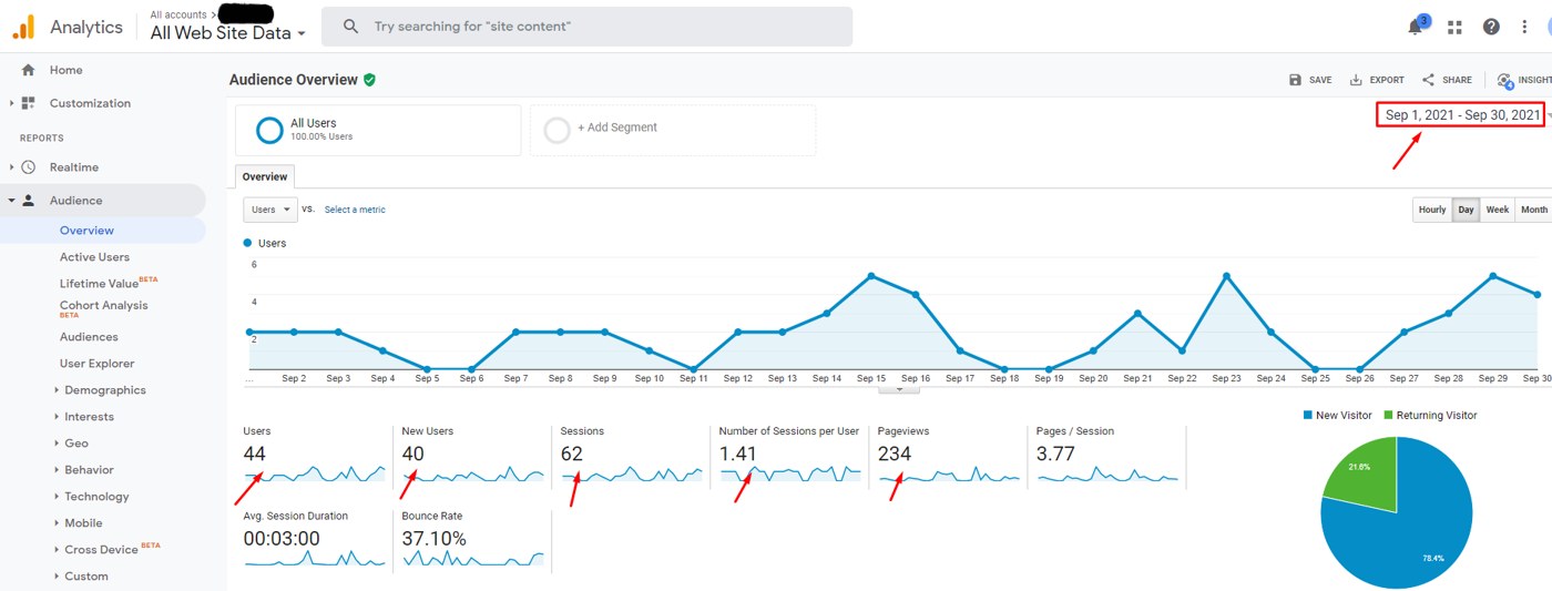 Local SEO client Google Analytics, September 2021: 44 users
